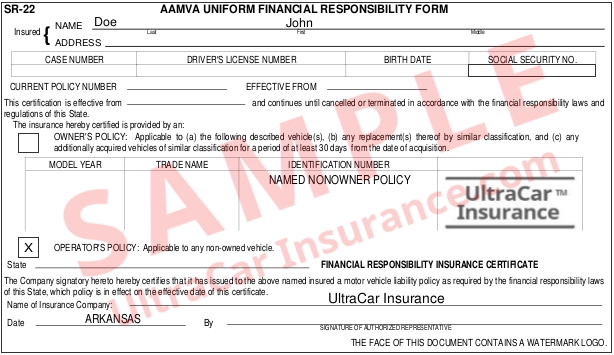 Example-Arkansas SR22 Certificate | Ultracar Insurance