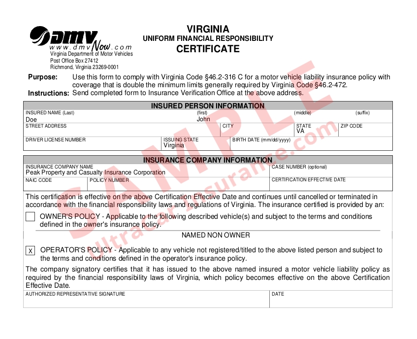 Example-virginia Fr44 Certificate Ultracar Insurance