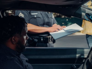 A cop writing a ticket for speeding