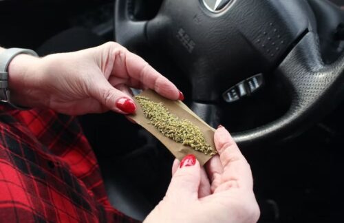 A woman's hands rolling a joint behind the steering wheel of her car.