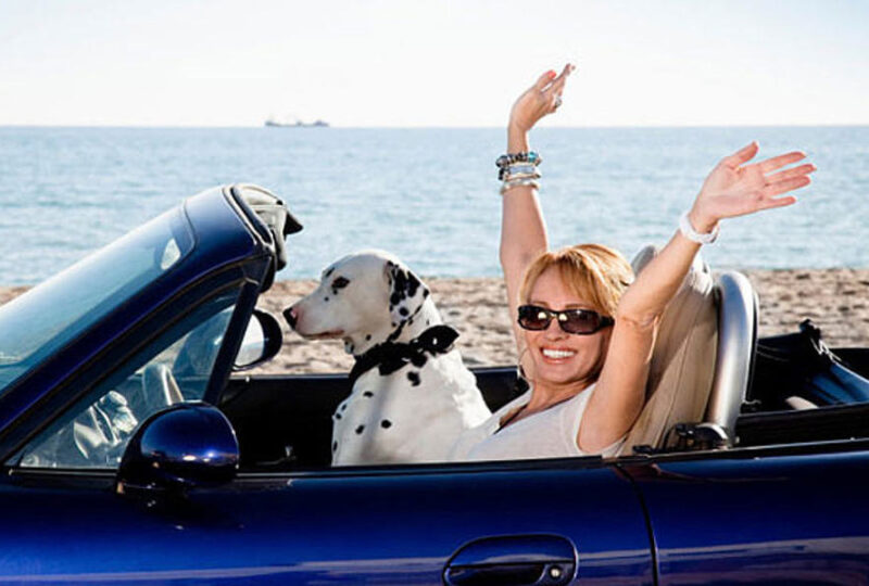 Woman in convertible car with dog, enjoying a beach day, representing freedom and leisure, relevant to discussions on non-owner and high-risk auto insurance.